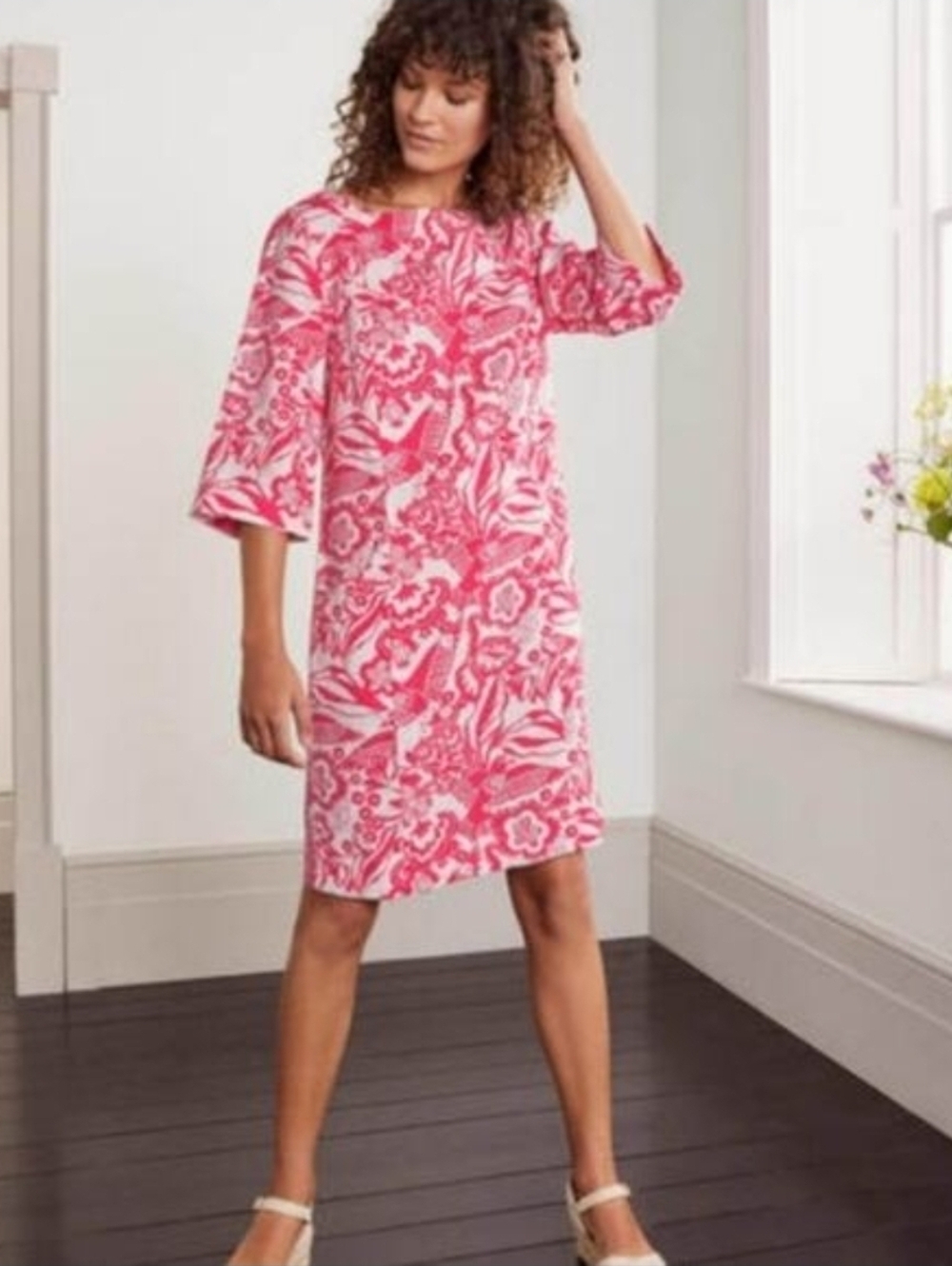 Boden Pink Floral Linen Shift Dress - Size 14L